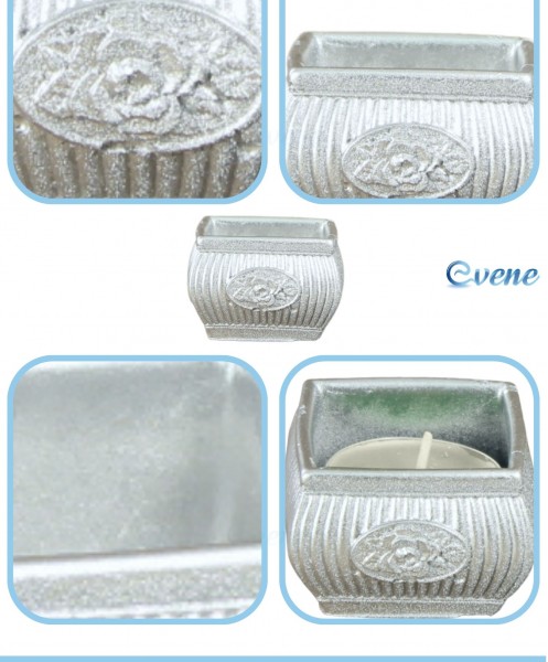 Gümüş Mumluk Şamdan 3 Adet Tealight Uyumlu Üçlü Mini Çizgili Çiçekli Model